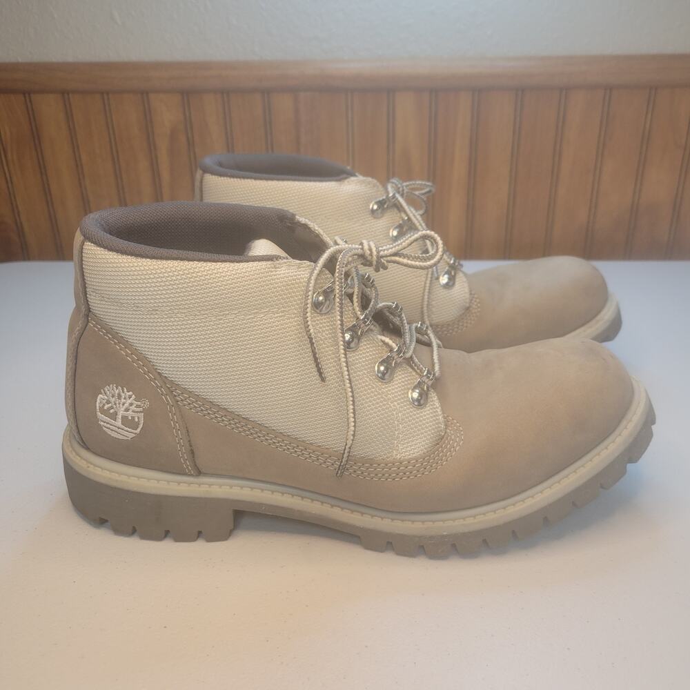 Timberland Men's Boots 8.5 Tan Nubuck Leather Canvas Chukka Trail Mid Lace